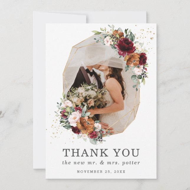 Burgundy Rust Floral Gold Geometric Photo Wedding Thank You Card (Front)
