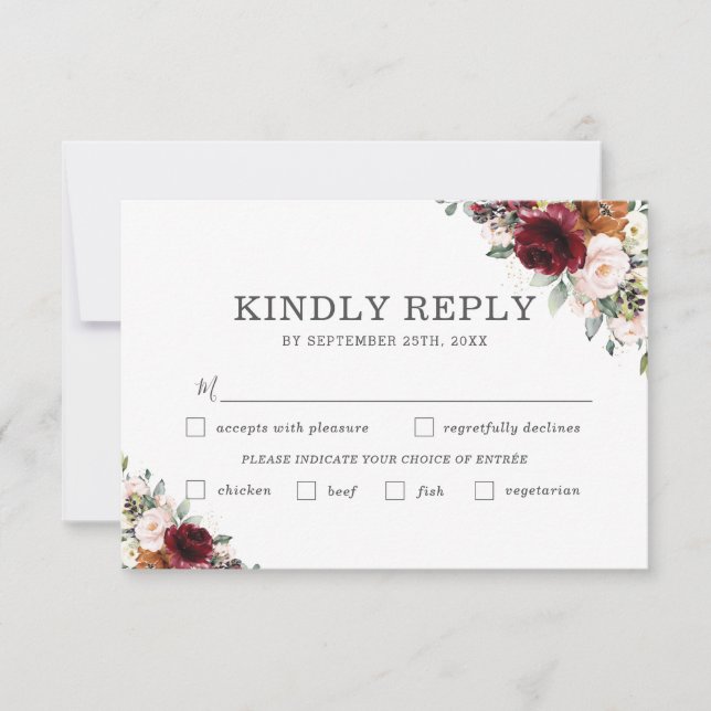 Burgundy Rust Floral Wedding Meal Choice RSVP Card (Front)
