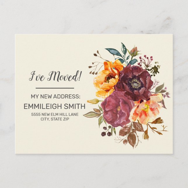 Burgundy Rust Orange Floral Change Address  Announcement Postcard (Front)