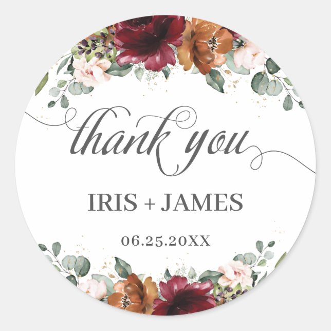 Burgundy Rust Orange Floral Gold Wedding Thank You Classic Round Sticker (Front)