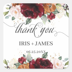 Burgundy Rust Orange Floral Gold Wedding Thank You Square Sticker