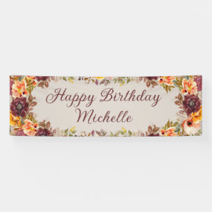 Burgundy Rust Orange Floral Happy Birthday Banner
