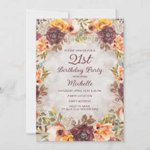 Burgundy Rust Orange Floral Women's 21st Birthday Invitation
