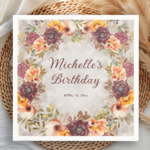 Burgundy Rust Orange Floral Women's Birthday Napkin