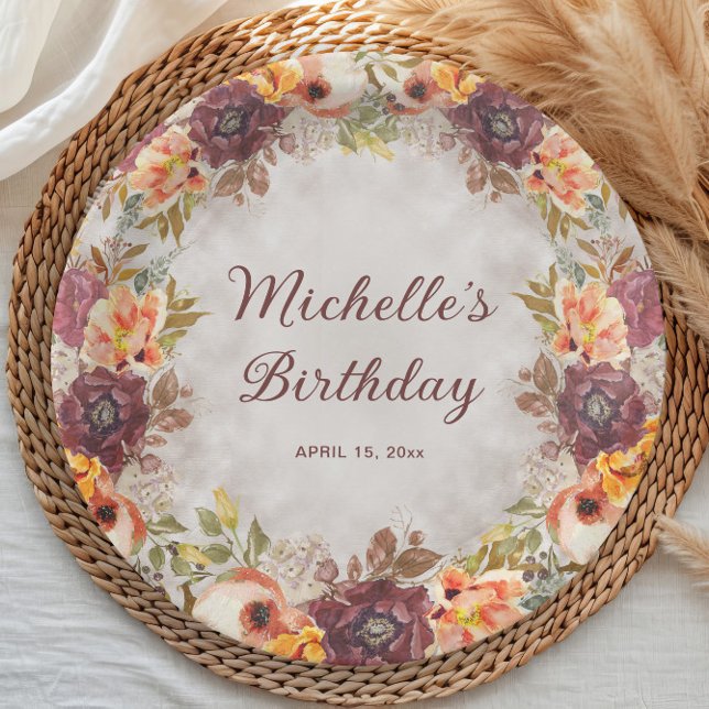 Burgundy Rust Orange Floral Women's Birthday  Paper Plate (Burnt orange, rust, and burgundy watercolor floral birthday party paper plates)