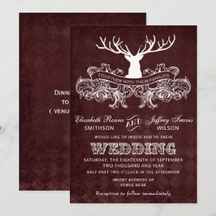 Burgundy Rustic Antler Deer Woodland Wedding Invitation