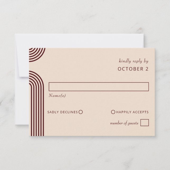 Burgundy Rustic Boho Arched Modern Wedding RSVP Card (Front)