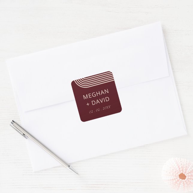 Burgundy Rustic Boho Arched Modern Wedding Square Sticker (Envelope)