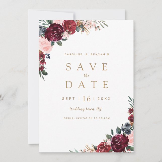 Burgundy rustic boho floral save the date (Front)