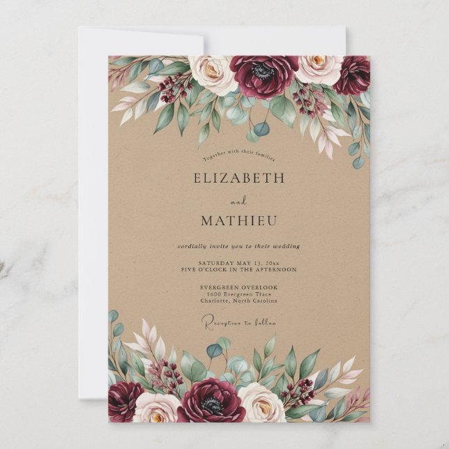Burgundy Rustic Botanical Wedding Invitation (Front)