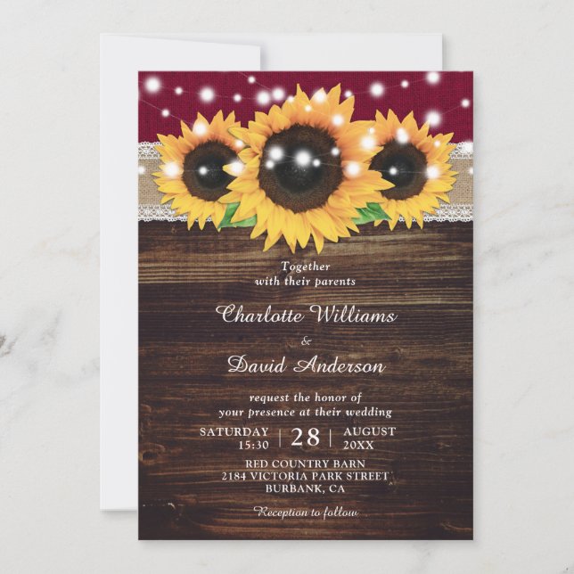 Burgundy Rustic Burlap and Lace Sunflower Wedding Invitation (Front)