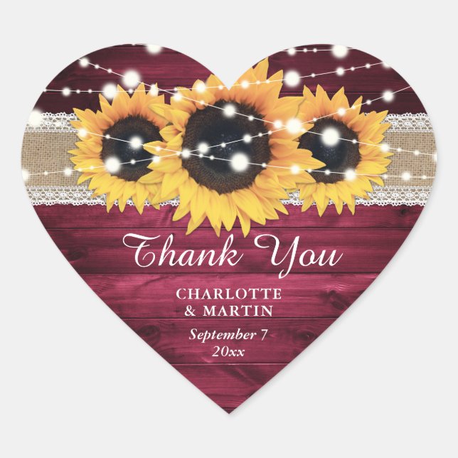 Burgundy Rustic Burlap Lace Sunflower Wedding Heart Sticker (Front)