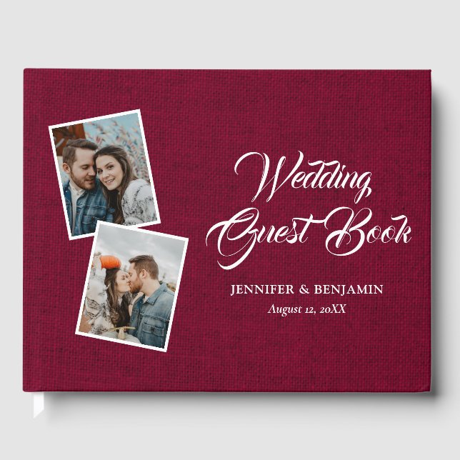 Burgundy Rustic Burlap Wedding Photo Guest Book (Front)
