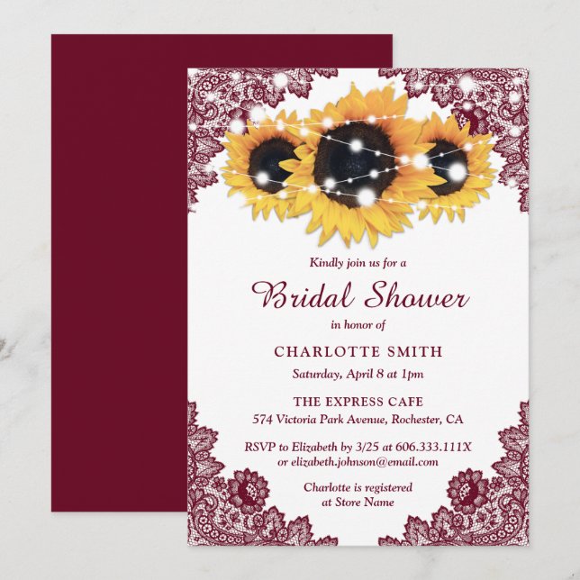 Burgundy Rustic Chic Lace Sunflower Bridal Shower Invitation (Front/Back)