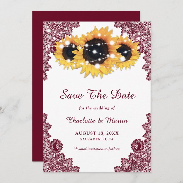 Burgundy Rustic Chic Lace Sunflower Save The Date (Front/Back)