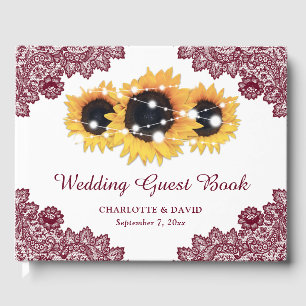 Burgundy Rustic Chic Lace Sunflower Wedding Guest Book