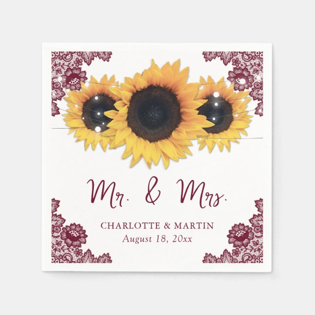 Burgundy Rustic Chic Lace Sunflower Wedding Napkin (Front)