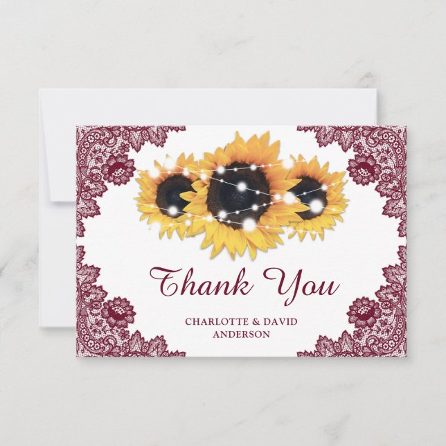 Burgundy Rustic Chic Lace Sunflower Wedding Thank You Card (Front)