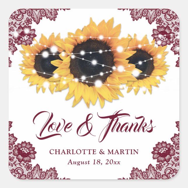 Burgundy Rustic Chic Sunflower Wedding Thank You Square Sticker (Front)