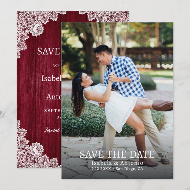 Burgundy Rustic Country Wood Lace Wedding Photo Save The Date (Front/Back)