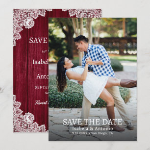 Burgundy Rustic Country Wood Lace Wedding Photo Save The Date