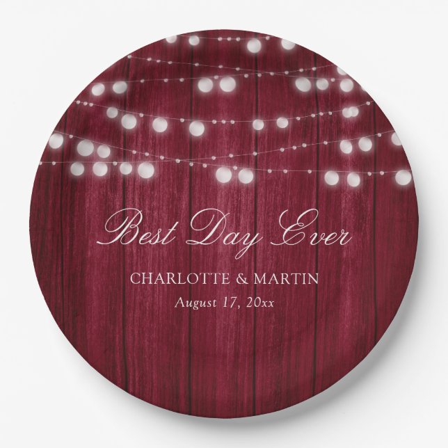 Burgundy Rustic Country Wood String Lights Wedding Paper Plate (Front)