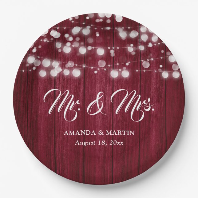 Burgundy Rustic Country Wood String Lights Wedding Paper Plate (Front)
