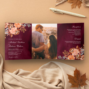 Burgundy Rustic Earthy Terracotta Floral Wedding Tri-Fold Invitation