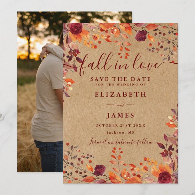Burgundy Rustic Fall Autumn Photo Wedding Save The Date (Front/Back)