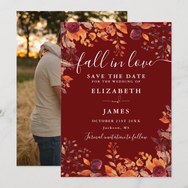 Burgundy Rustic Fall Autumn Photo Wedding Save The Date (Front/Back)