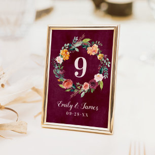 Burgundy Rustic Fall Floral Wedding Monogram Table Number