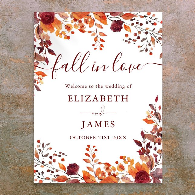 Burgundy Rustic Fall In Love Wedding Welcome Sign (Burgundy Rustic Fall In Love Wedding Welcome Sign)