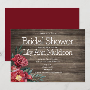 Burgundy Rustic Floral Barn Wood Bridal Shower Invitation