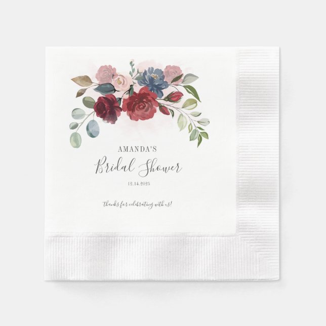 Burgundy Rustic Floral Bridal Shower  Paper Napkin (Front)