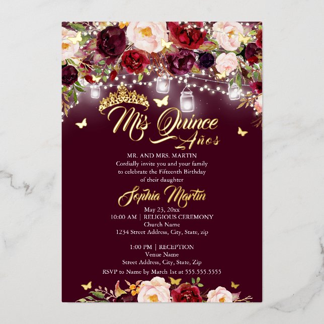 Burgundy Rustic Floral Butterfly Quinceanera (Front)