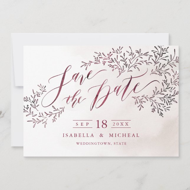 Burgundy rustic floral calligraphy save the date (Front)