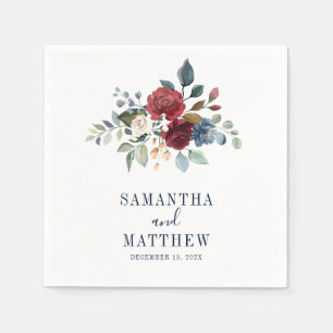 Burgundy Rustic Floral Custom Wedding Cocktail Napkin