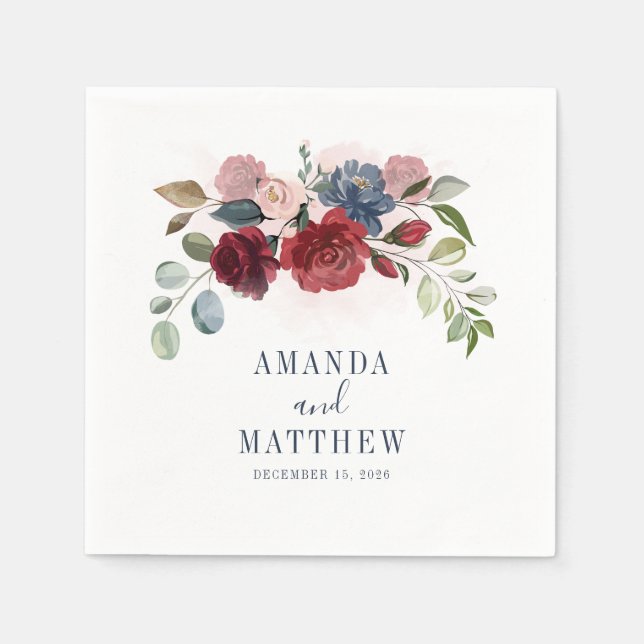 Burgundy Rustic Floral Custom Wedding Reception Napkin (Front)
