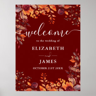 Burgundy Rustic Floral Fall Wedding Welcome Sign