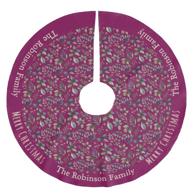 Burgundy Rustic Floral Farmhouse Christmas Brushed Polyester Tree Skirt (Front)