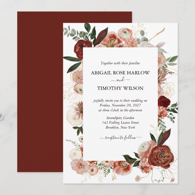 Burgundy Rustic Floral Gold Rose Marsala Wedding  Invitation (Front/Back)