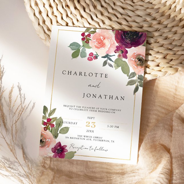 Burgundy Rustic Floral Greenery Boho Wedding Invitation (Creator Uploaded)