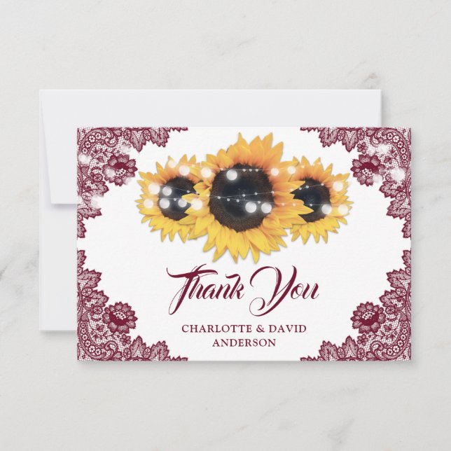 Burgundy Rustic Floral Lace Sunflower Wedding Thank You Card (Front)