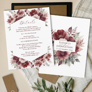Burgundy Rustic Floral Watercolor Wedding Details Enclosure Card