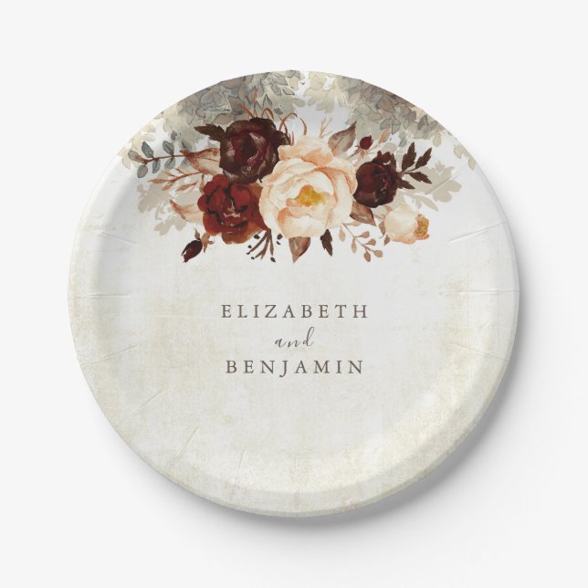 Burgundy Rustic Floral Wedding Paper Plate (Front)