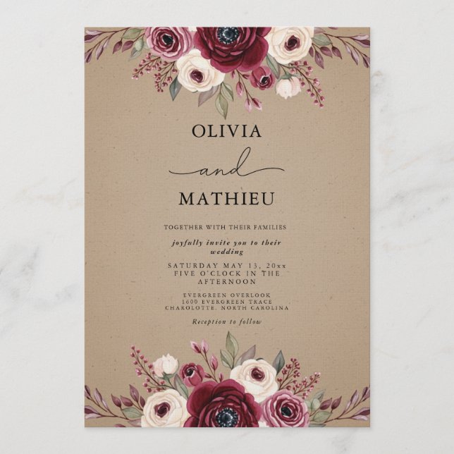 Burgundy Rustic Floral Whimsy Wedding Invitation (Front)