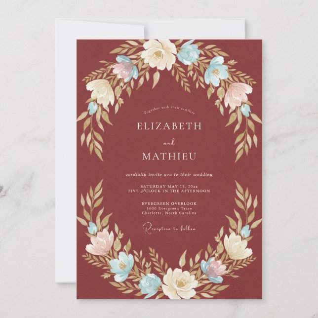 Burgundy Rustic Floral Wreath Wedding Invitation (Front)