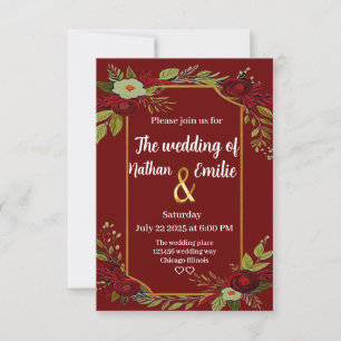 Burgundy rustic flowers wedding invitation