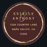 Burgundy Rustic Gold Ampersand Return Address Classic Round Sticker<br><div class="desc">This return address sticker features a faux gold circle frame with an elegant ampersand and simple calligraphy with a burgundy marsala background.</div>