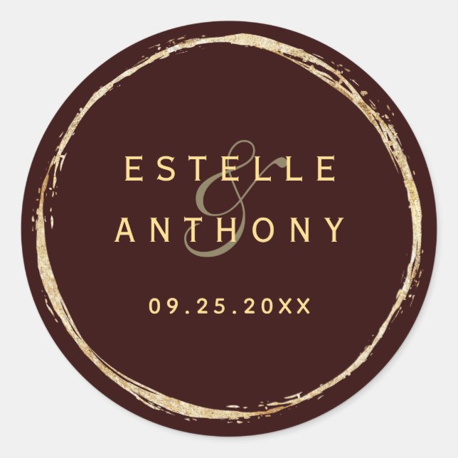 Burgundy Rustic Gold Circle Ampersand Wedding Classic Round Sticker (Front)